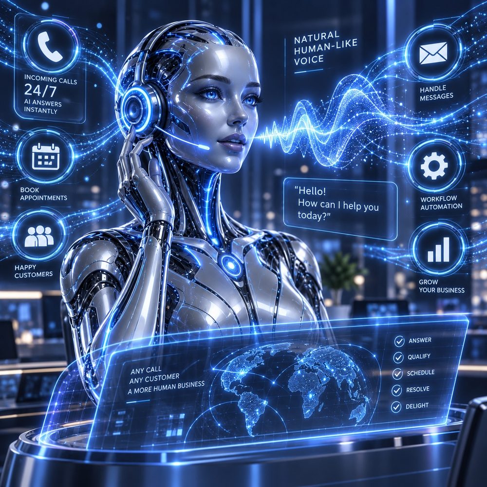 Voice AI receptionist handling calls, appointments, messages and automated workflows around the clock.