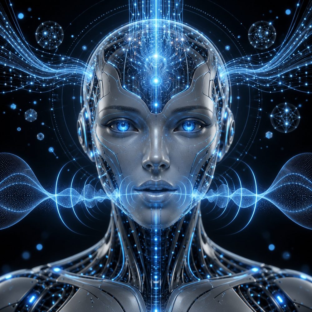 Futuristic voice intelligence represented by a humanoid AI and flowing sound waves.